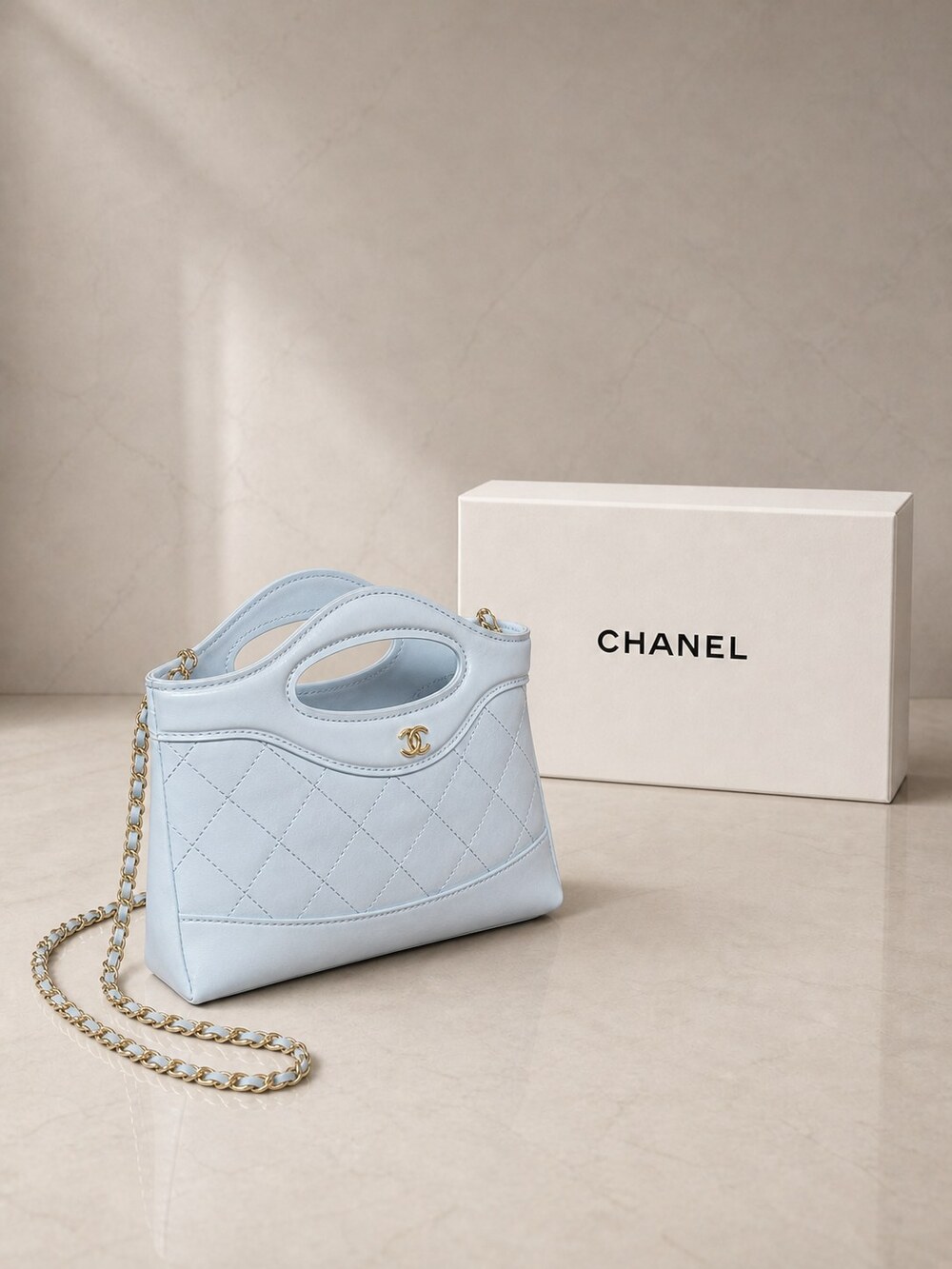 Chanel Light Blue Quilted Lambskin Top Handle Handbag | Nano 31